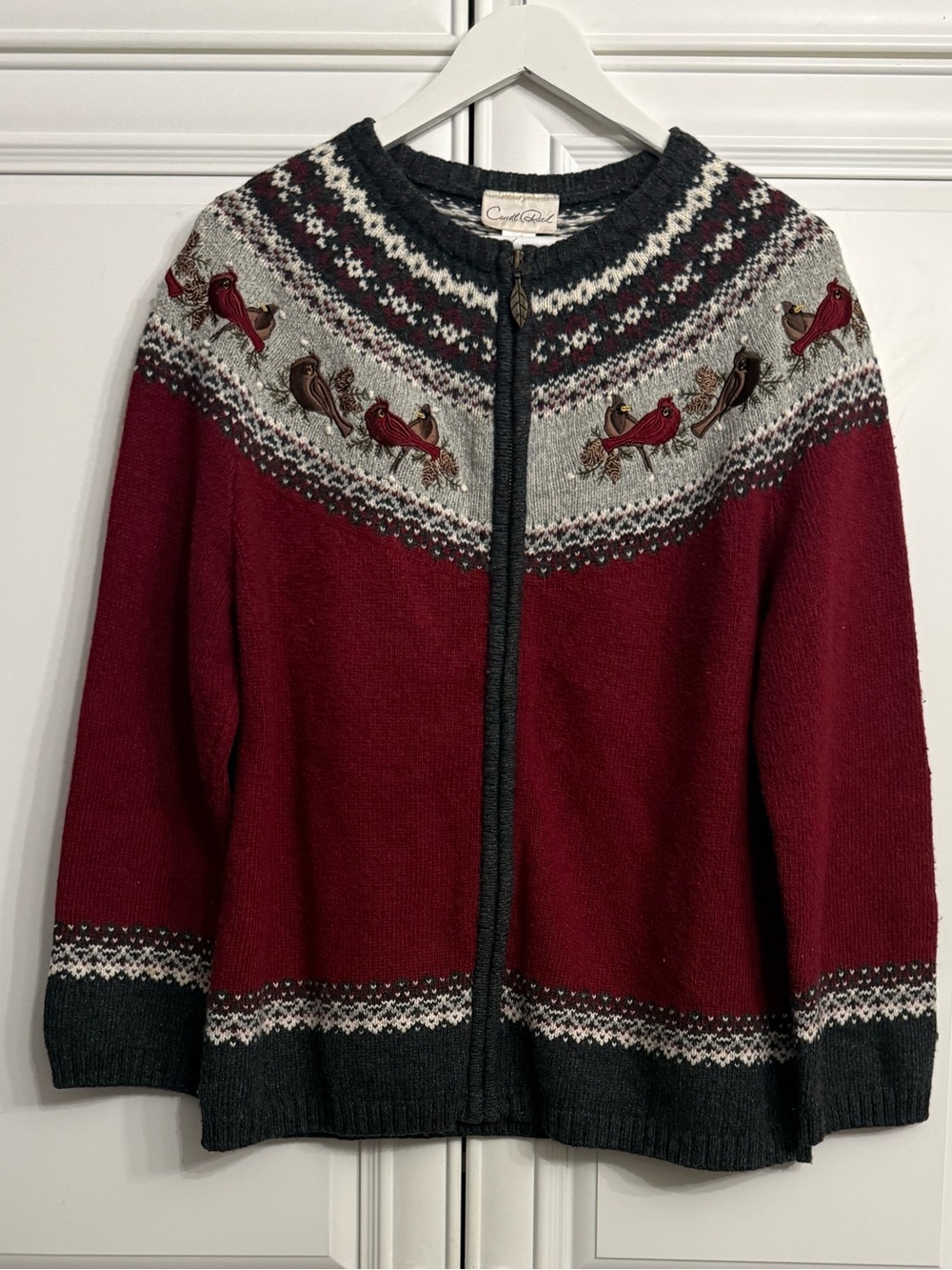VTG Carroll Reed Fair Isle Cardinal Zip Cardigan Size Large Cotton Wool Blend